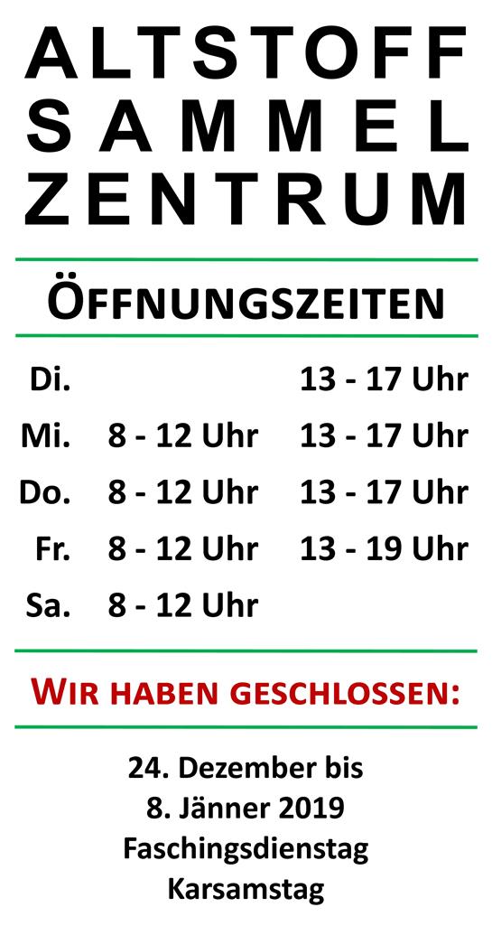 Öffnungszeiten - Regionales ASZ in Ratschendorf © AWV Radkersburg Öffnungszeiten - Regionales ASZ in Ratschendorf © AWV Radkersburg