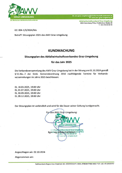 Kundmachung Sitzungsplan 2025