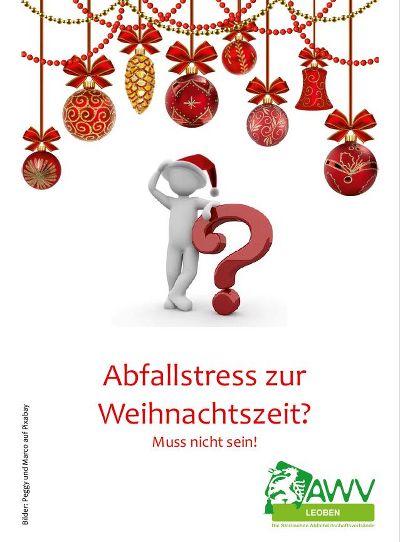 Weißes Männchen mit Weihnachtsmütze an ein rotes Fragezeichen gelehnt. Von Oben hängen rot-goldene Weihnachtskugeln ins Bild.
