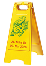 Gelber Putz-Ständer mit Aktionszeitraum: 21. März 2026 bis 09. Mai 2026. 