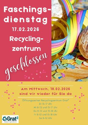 Bunte Luftschlangen, Konfetti, Krapfen und Schrift auf rosa und gelbem Hintergrund.