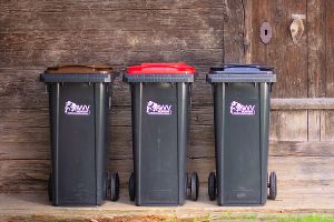 Drei MÜlltonnen stehen vor einem Holzhaus.