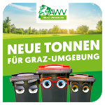 Drei Mülltonnen mit gezeichneten Augen