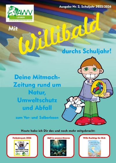 Karikatur eines Jungen mit zwei Abfalleimern auf helltürkisem Hintergrund