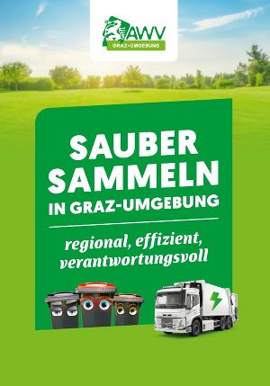 Landschaft mit Cartoon-Mülltonnen und Elektro-LKW