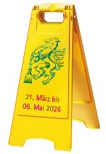 Gelbes Warnschild mit steirischem Wappen und Datumsangabe '21. März bis 09. Mai 2026'.