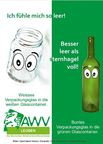 Weißes Marmeladenglas ohne Deckel und mit Augen auf weißem Hintergrund und grüne Saftflasche auf grünem Hintergrund mit Augen. Weiße Schrift auf grünem, grüne Schrift auf weißem Hintergrund. AWV-Logo