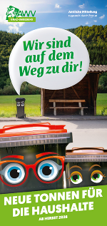 Titelblatt Folder mit Mülltonnen und dem Hinweis auf die Umstellung auf neue Tonnen ab Herbst 2026.