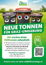 Drei Mülltonnen vor Landschaft mit Werbeslogan "Neue Tonnen für Graz-Umgebung"