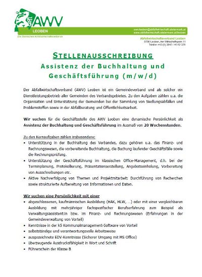 Stellenausschreibung der Assistenz der Buchhaltung und Geschäftsführung auf AWV-Briefpapier