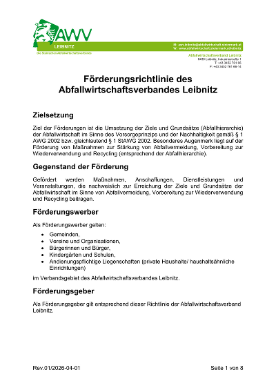 PDF Datei zur Förderungsrichtlinie des Abfallwirtschaftsverbandes Leibnitz, Gültigkeit ab 01.04.2026