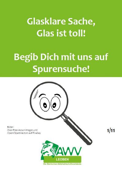 Eine Lupe durch die ein Augenpaar schaut auf weißem Hintergrund. Restliches Blatt ist grün.