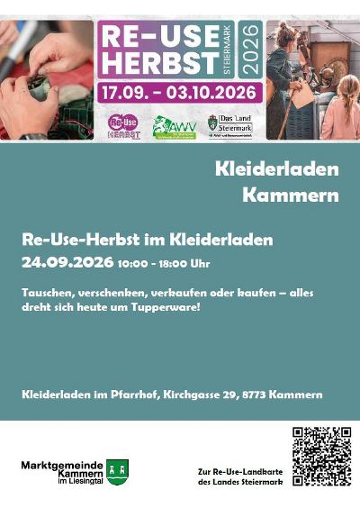 Re-Use-Herbst-Header. Text auf mattgrünem Hintergrund, weiße Schrift. Logo Marktgemeinde Kammern und QR-Code der Re-Use-Landkarte der Landesregierung auf weißem Hintergrund.