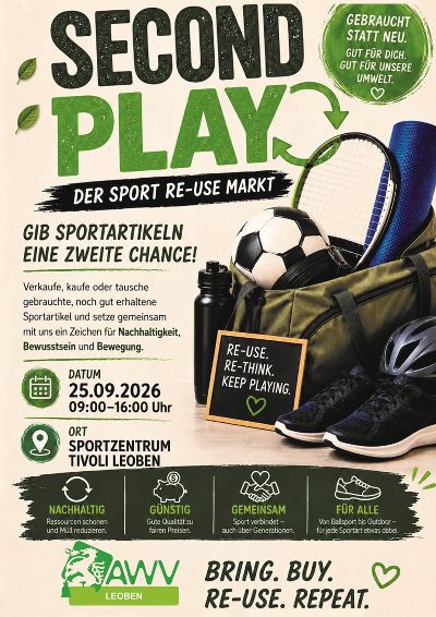 Bild verschiedener gebrauchter Sportartikel auf beigem Hintergrund, dunkel- und hellgrüne Schrift, AWV-Logo