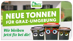 Drei Mülltonnen vor Haus mit Blumen mit Werbeslogan: Wir bleiben jetzt fix bei dir!