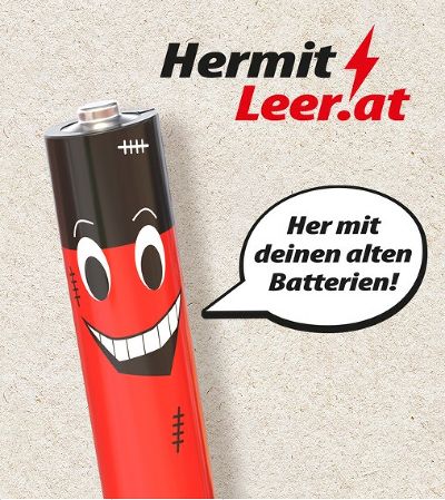 Rote Batterie namens Hermit Leer mit Sprechpblase