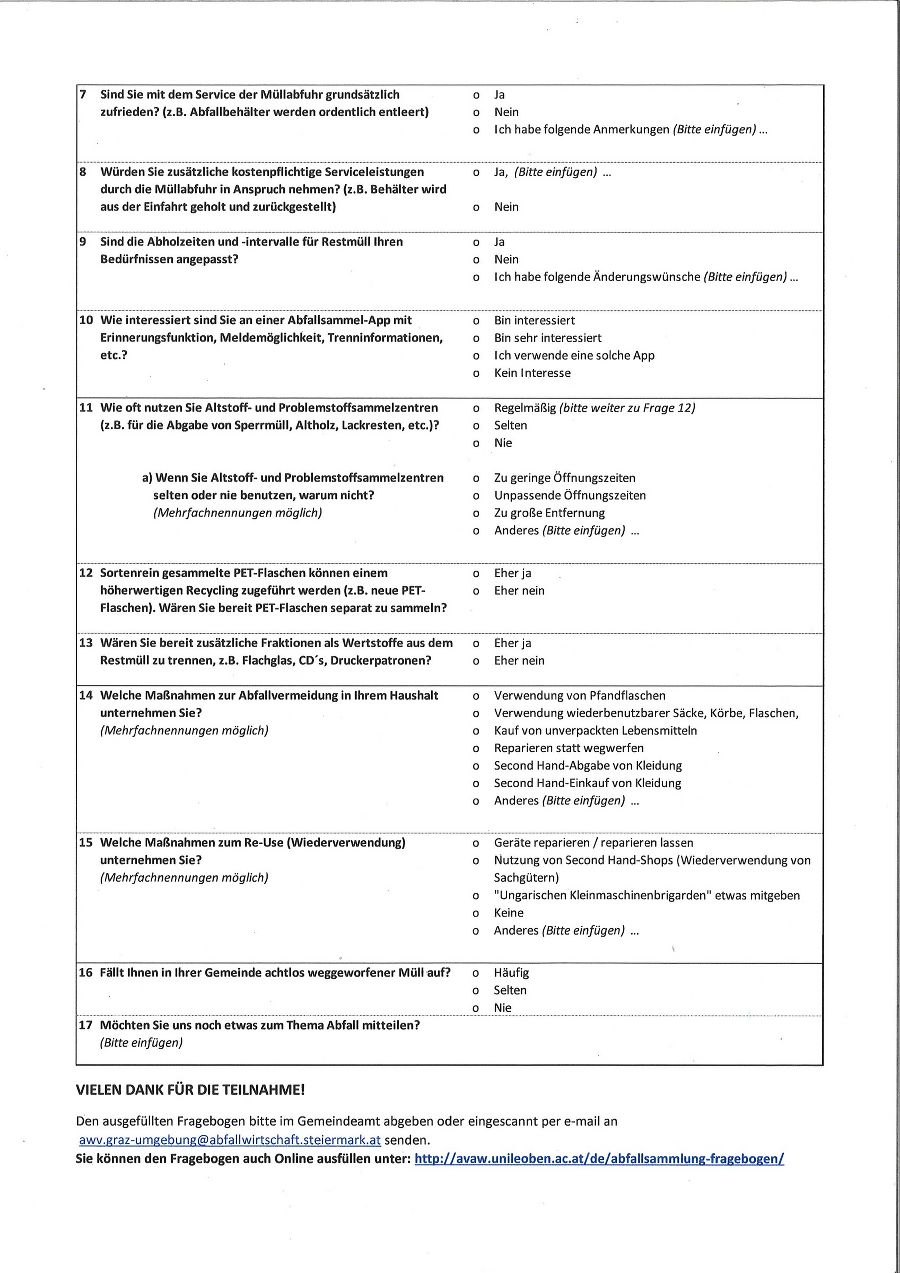Fragebogen Rückseite Fragebogen Rückseite