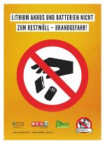 Gelber Flyer mit rundem Verbotsschild, Lithium-Akkus