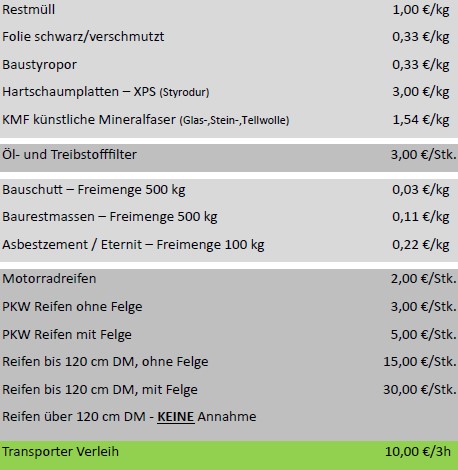 Preisliste - Ressourcenpark in Ratschendorf - Stand: 01.01.2023 Alle Preise BRUTTO