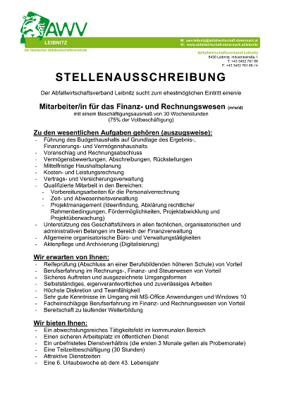 Stellenausschreibung Finanz- und Rechnungswesen 